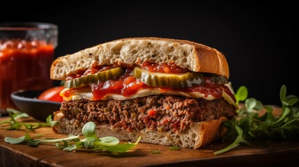 Meatloaf sandwich with sauce drip, hearty sandwich in artisan bread