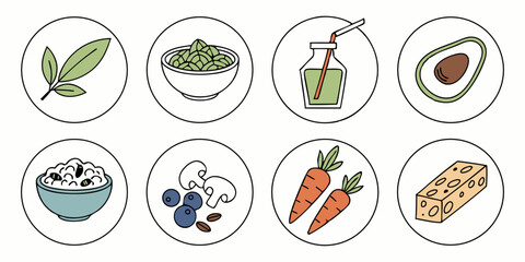 Colorful Cartoon Food Icons Healthy Eating Vegetables Fruits Dairy Plant-Based Foods