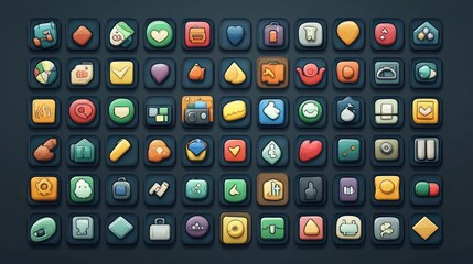 Colorful app icons grid, digital design, dark background, UI kit, mobile app development