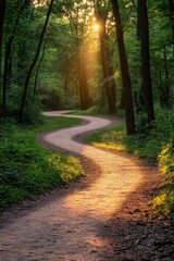 Obraz premium Winding path through a forest with sunlight streaming through the trees.