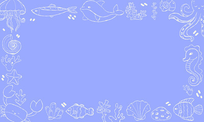 Horizontal banner with hand-drawn doodles of marine animals and plants