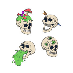 Psychedelic skulls with vivid hypnotic eyes, acid colors; a smiling flower, neon tones; mushroom; slime; arrow
