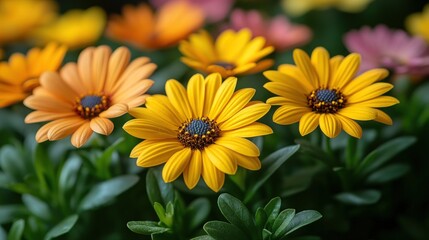 Several colorful daisy flowers bloom with green leaves in a garden setting.