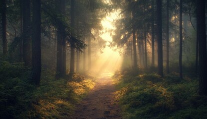 Fototapeta premium Sunlit path through misty, dark forest