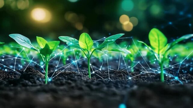 green seedlings in dark soil with glowing digital network connections, symbolizing technology in agriculture innovation