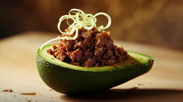 Minced meat-filled avocado topped with curly endive