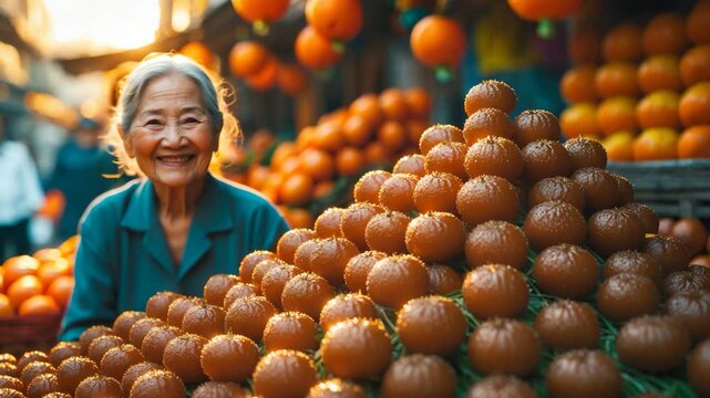 Fresh longan sold at Asian street farmer market with Mandarin in the background.