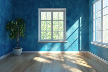 Fototapeta premium Bright sunlit room with blue walls and large window overlooking lush garden