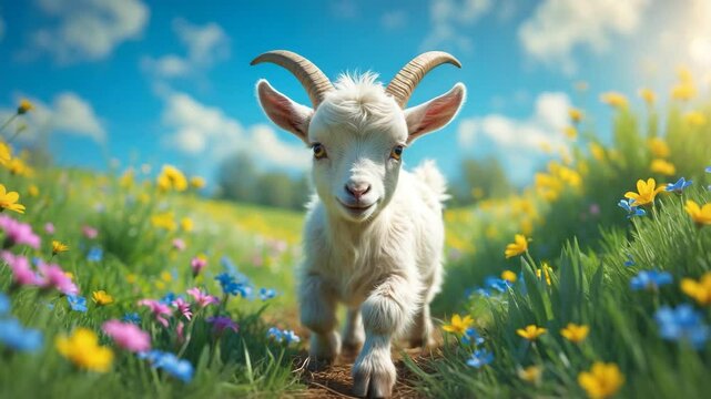 Spring farm with a baby goat
