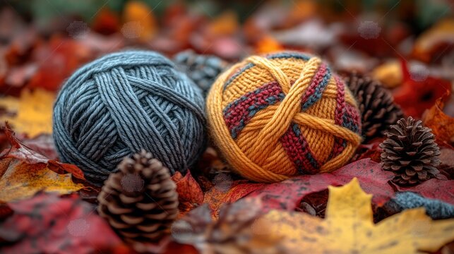 Autumnal yarn balls on fallen leaves