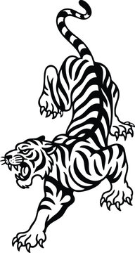 Flash Art vector illustration of a Old School Traditional tiger tattoo with vibrant colors and stylized design. Classic Tigers Tattoos Single Color color  Black and White Only. Bold Black Outlines