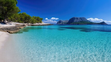 Obraz premium Pristine beach, turquoise water, Mediterranean paradise. Tranquil cove, scenic views, sun-drenched paradise. Island escape, perfect for relaxation