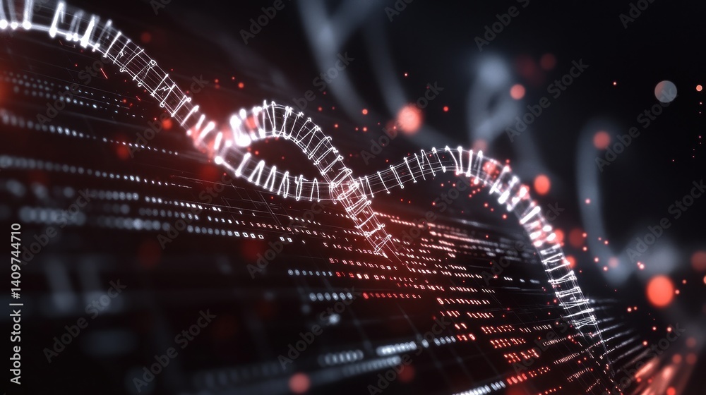 Poster an evocative image showcasing a glowing abstract dna strand intertwined with complex digital pattern