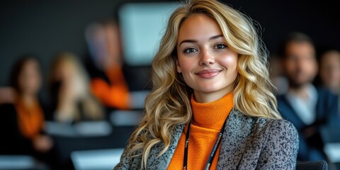 A woman wearing glasses and an orange shirt is smiling at the camera