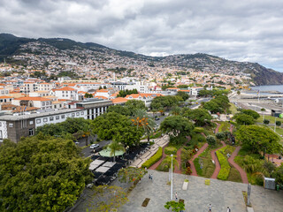 Drone photo in Funchal, capital of Madeira, Portugal. View with main promenade