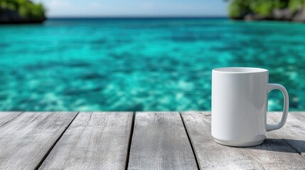 Empty white mug on wooden dock overlooking turquoise water