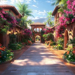 Obraz premium A vibrant street scene with buildings flowers and an archway under a sunny sky.