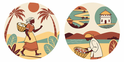 African Women Daily Life Vintage Illustration Desert Travel Palm Trees Camels Architecture