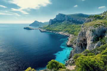 Fototapeta premium Stunning coastal vista turquoise waters meet dramatic cliffs and lush greenery under a bright sky