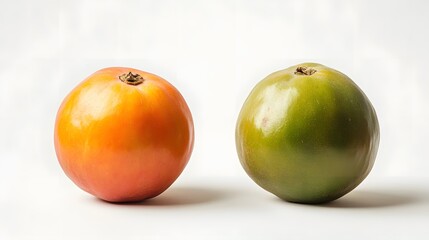 Ripe and unripe tomatoes on white.