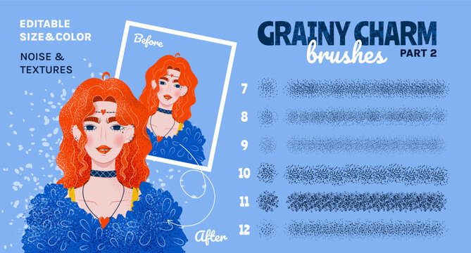 Grain scatter brushes. Set 2. Creative collection with noise effect, grunge texture, paint splash, halftone. Grainy design kit with basics and brush strokes. Swatches included. Editable size and color