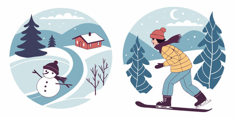 Winter Snowman Skiing Cartoon Flat Style Landscape Scene