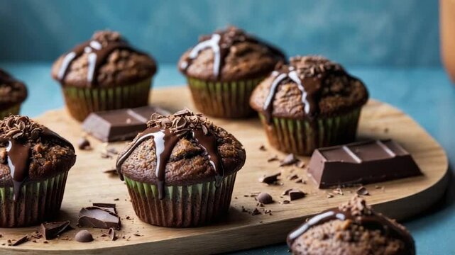 Homemade chocolate muffins featuring zucchini and topped with chocolate glaze are presented on a wooden board alongside a piece of chocolate.