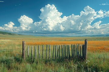 Obraz premium Wooden fence in a field with grass and wheat under a blue sky with clouds.