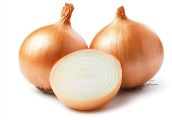 Fresh Whole Onion and Sliced Half with Smooth Skin and Roots