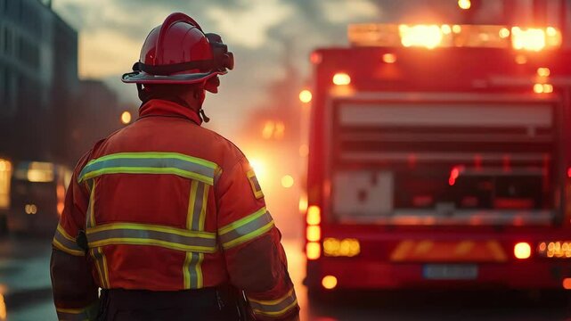 Firefighter standing beside red truck, responding to emergency call at dusk, highlighting municipal safety protection during critical urban rescue operation