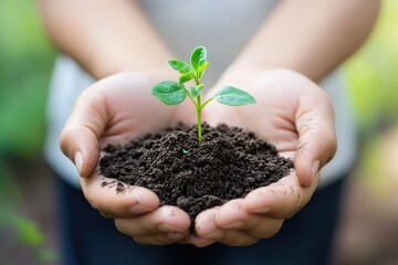 Tender hands gently cradle a small seedling sprouting from rich soil