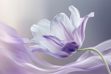 Fototapeta premium A delicate tulip made of flowing fabric, with soft purple and white hues, floating in the air 