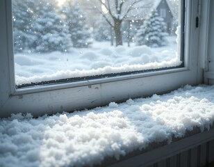 Snow-dusted windowsill with faint sunlight.