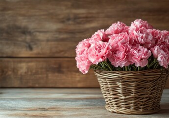 Obraz premium Beautiful Pink Carnations in Woven Basket on Rustic Wooden Background