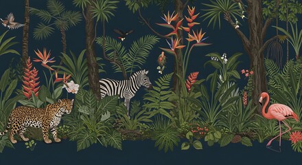 AI image illustrates a vintage-style jungle mural pattern with leopard, zebra, flamingo, birds, and tropical plants on dark blue background.