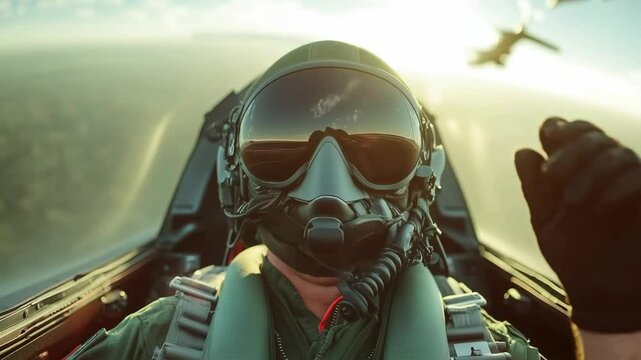 Intense close-up of a military pilot in a green flight suit with a helmet and oxygen mask, ready for an air mission with focused determination.