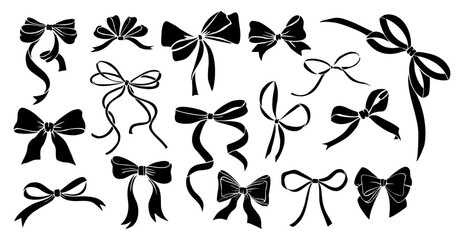 Black Monochrome decorative ribbon bows set. Holiday sign collection. Ribbon symbol, accessory logo, cut files. Vector outline illustrations isolated on transparent background.