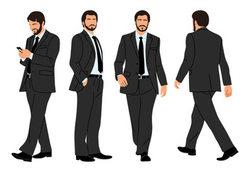 Businessman character in different poses. Handsome business man in formal suit standing, walking, front, back, side view, using phone. Vector flat illustration set isolated on transparent background.