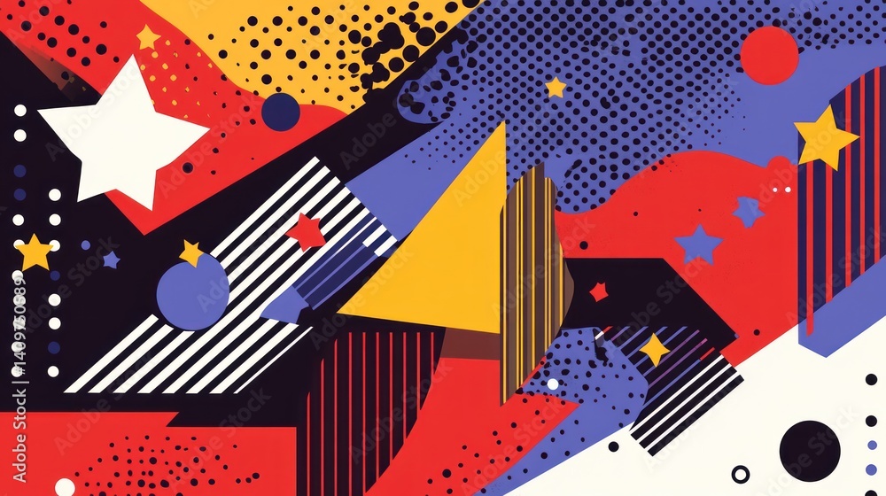 Poster a vibrant geometric abstract composition featuring playful shapes like stars triangles circles and l