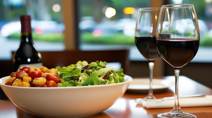 Naklejka premium a beautifully presented dinner featuring fresh salad with tomatoes and croutons accompanied by glasses of red wine creating a sophisticated dining experience