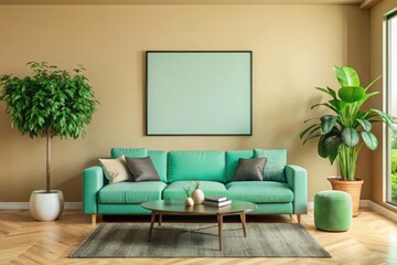 Contemporary green living room with a comfortable sofa and modern furniture design