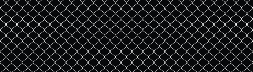 Minimalist repeating chain-link fence pattern in white on black. Symmetrical diamond grid design, flat vector illustration. Seamless geometric backdrop for technical, neutral themes.
