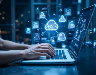 A futuristic image depicting cybersecurity and cloud computing, with glowing icons surrounding a person using a laptop.
