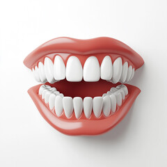 3D rendered model of a wide-open human mouth with clean white teeth and gums, isolated on a white background, showcasing dental health and oral hygiene.