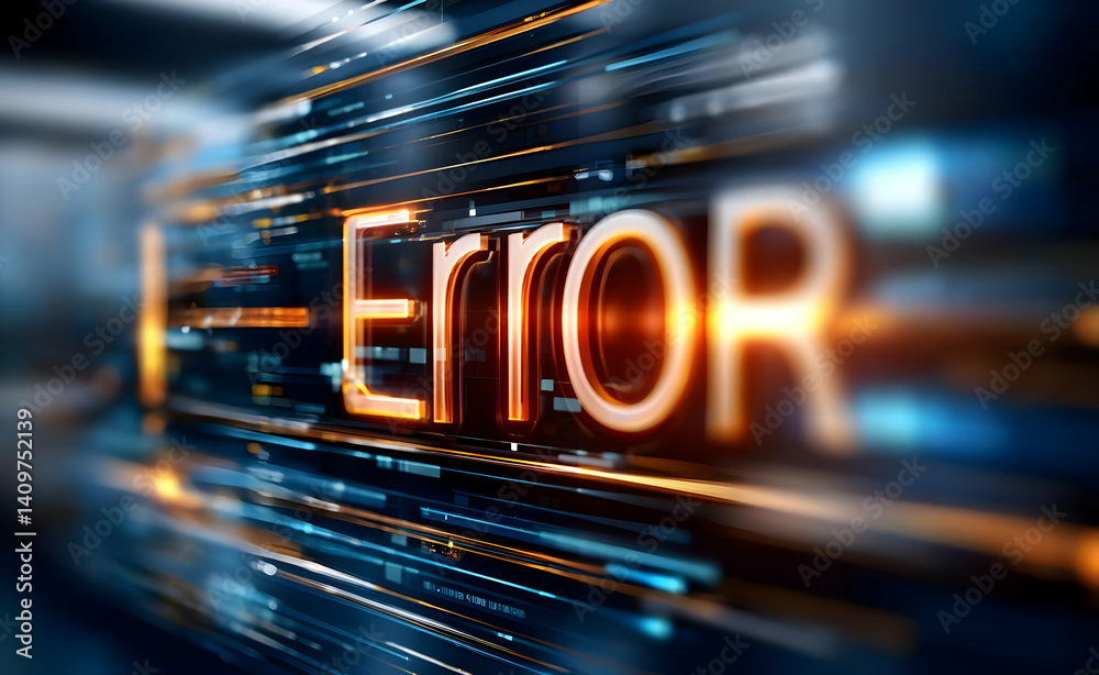 Poster a close-up of a digital error message illuminated in bright orange against a blurred background of a