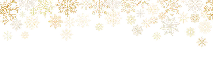Abstract Christmas background with gold snowflakes border. Winter golden snowflakes different shapes. Luxury Xmas Overlay, banner, cover, template. Vector Realistic illustration on white background. 