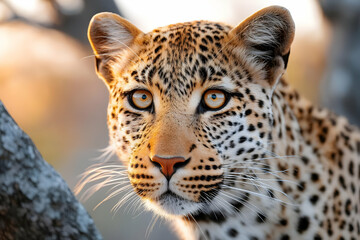 Fototapeta premium A close-up portrait of a majestic leopard, showcasing its stunning fur pattern, bright eyes, and fierce expression amidst a blurred natural background.