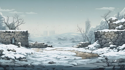 Pixel Art Snowy Winter Landscape With Stone Ruins And Distant Buildings Under A Pale Sky In An Outdoor Setting