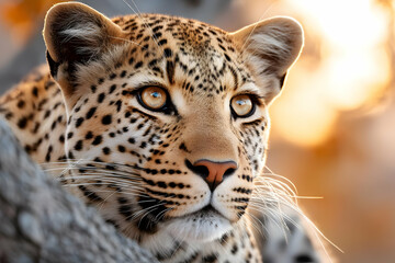 Fototapeta premium A close-up portrait of a majestic leopard with striking spots and expressive eyes, set against a warm, blurred background, showcasing natural beauty and grace.
