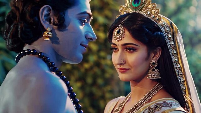 Krishna radha in krishna radha. A man and a girl indian girl with a genie. A blurred background of greenery and trees. Krishna and radha in the context of krishna and radha lifestyle.